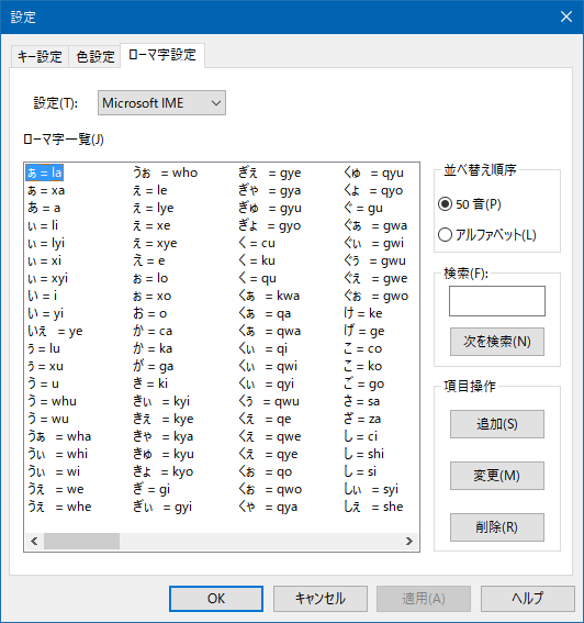 Windows10上でのMS-IMEのローマ字かな変換パターン(一部)