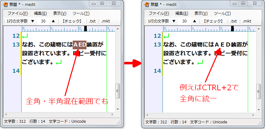 全半角混在時も統一できる（例：CTRL+2で全角に統一）